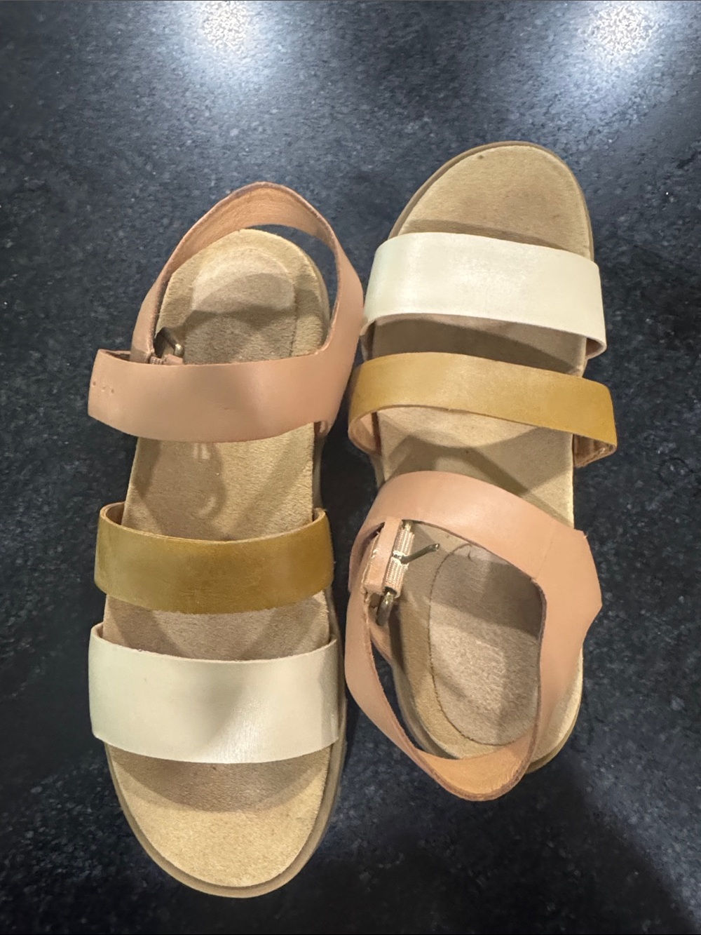 Madewell Three-Strap Leather Sandals in Cream, Tan and Mustard